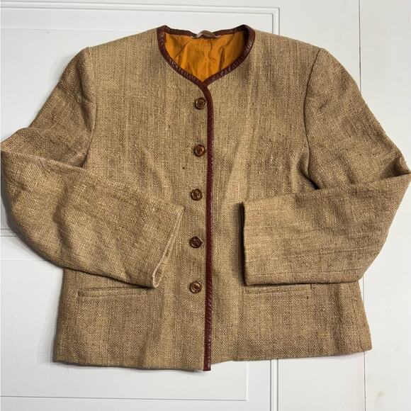 Vintage Liz Claiborne Burlap Cotton Faux Leather Trim Blazer Jacket Size 10 - Picture 1 of 6